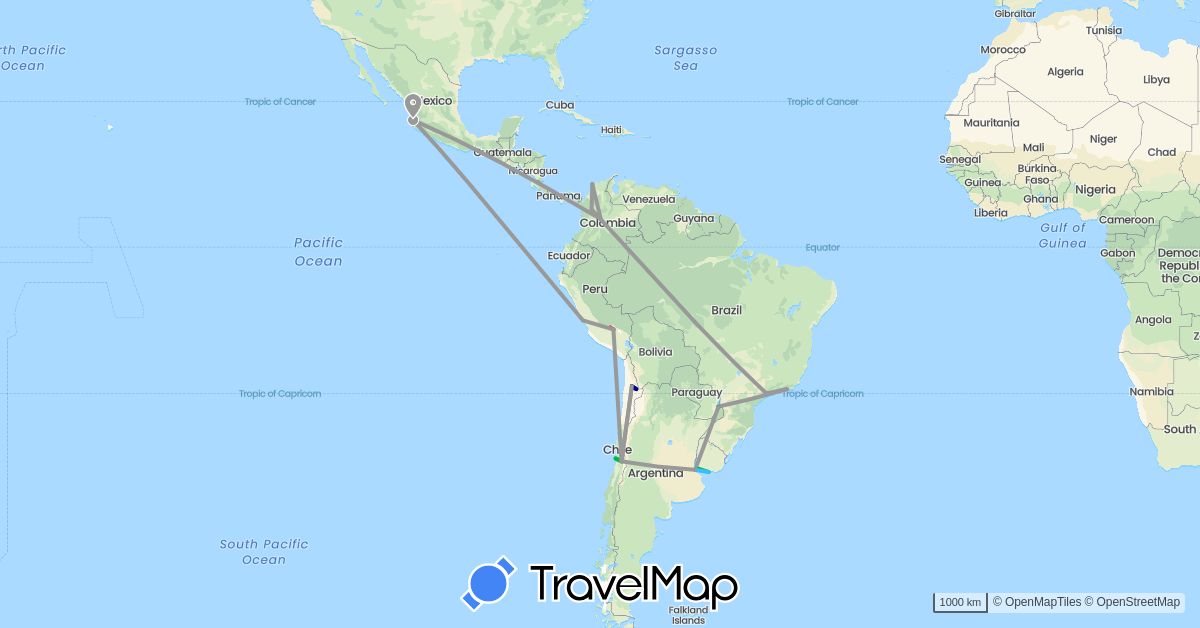 TravelMap itinerary: driving, bus, plane, hiking, boat in Argentina, Brazil, Chile, Colombia, Mexico, Peru, Uruguay (North America, South America)